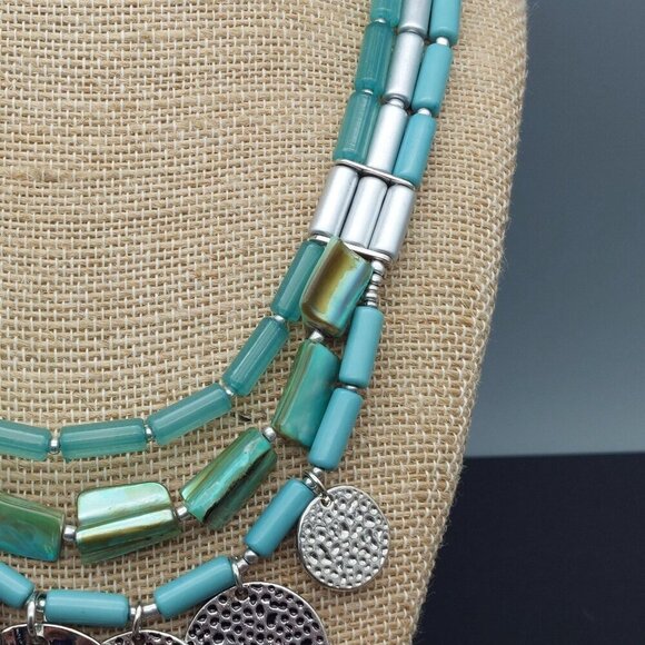 Aqua Blue & Silver Tone Multi Strand Collar Bib Necklace Dangle Hammered Discs - Picture 4 of 10